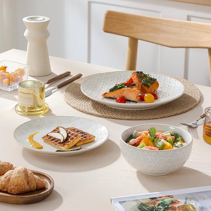 MALACASA 12 Pieces Dinnerware Sets, Modern Relief Design Plates and Bowls Sets, White Dish Set for 4, Kitchen Ceramic Dinner Plates Dishware Set, Microwave and Dishwasher Safe, Series LYDIA