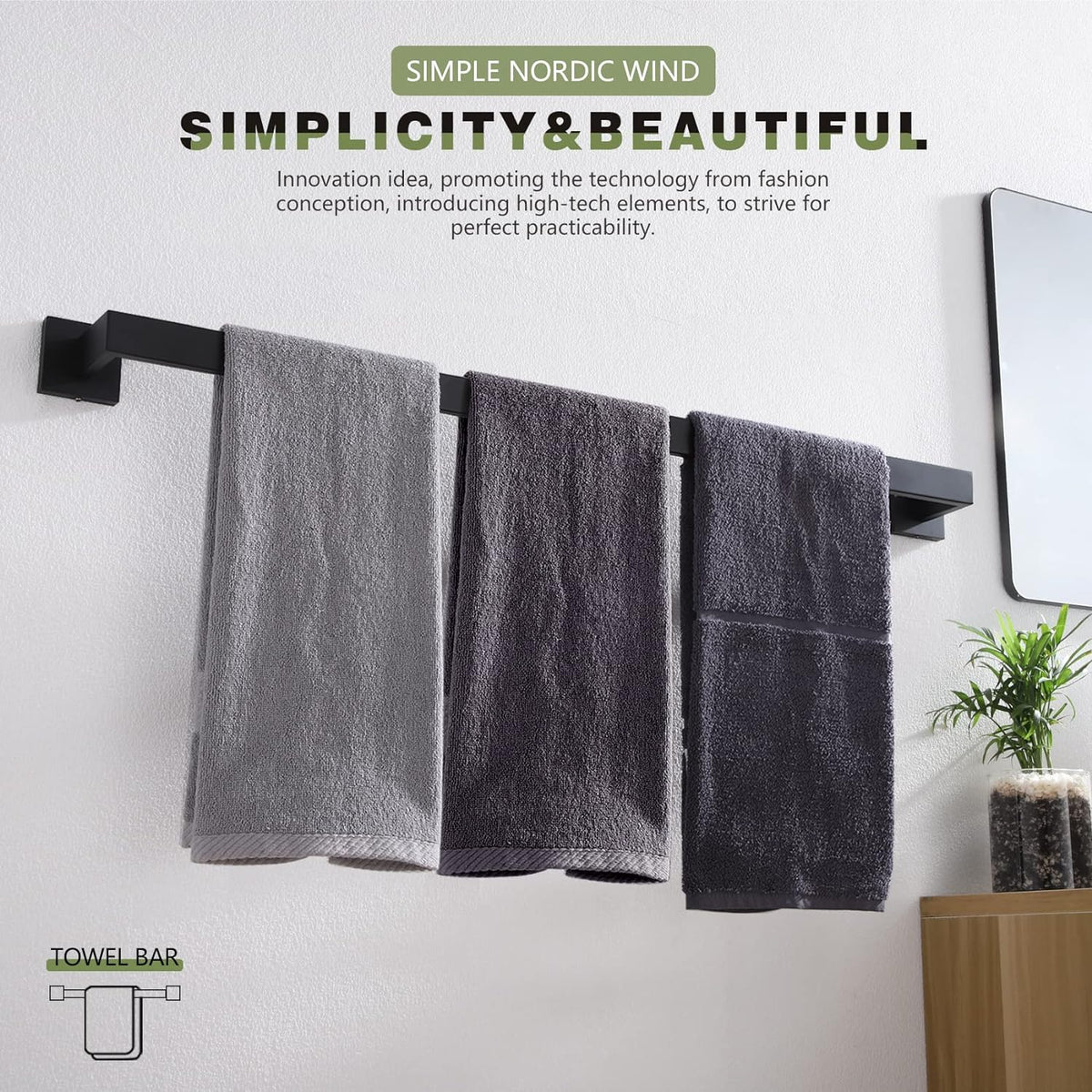 KOKOSIRI 32-Inch Single Towel Bar, Bathroom Kitchen Towel Holder, Wall Mounted SUS304 Stainless Steel Towel Rack, Matte Black, B4003BK-L32