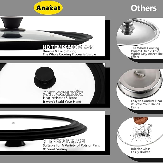 Anaeat Silicone Universal Lid for Pots, Pans and Skillets - Tempered Glass Covered with Heat Resistant Silicone Rim Fits 8", 8.5" and 9.5" Diameter Cookware -Easy to Use Replacement Frying Pan Cover