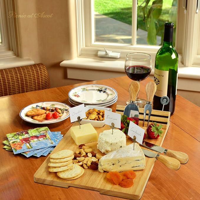 Picnic at Ascot Personalized Monogrammed Laser Engraved Hardwood Board for Cheese & Appetizers - Includes 4 Cheese Knives, Cheese Markers & Ceramic Dish - Designed in California