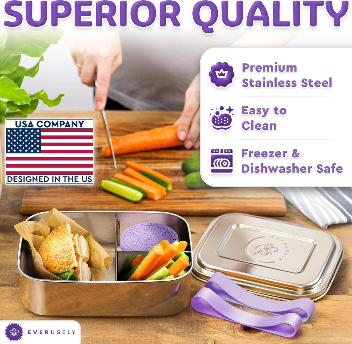 Everusely - Bento Box - Lavender, 60oz / 1.8 L - Stainless Steel Lunch Box with Leakproof Condiment Container - 3 Compartment Snack Organizer for On the Go Meals - Freezer & Dishwasher Safe