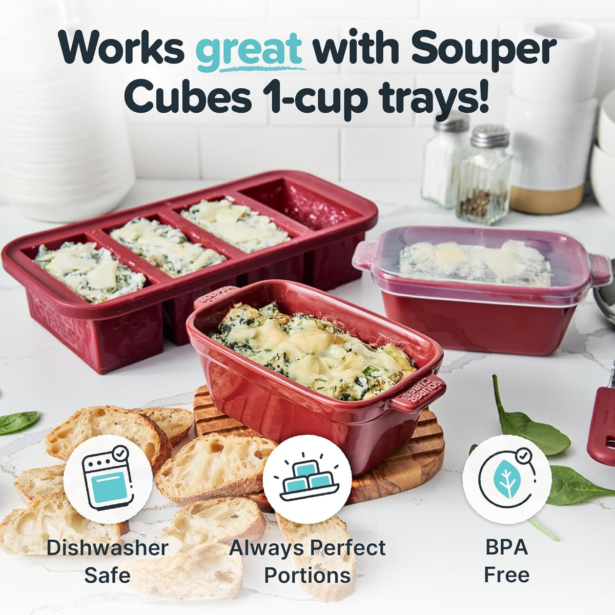 Souper Cubes Stoneware - Small Ceramic 5" x 3" Baking Dish with Silicone Covers, Small Baking Dishes for Oven Perfect for Reheating Single Serve Portions, Set of 4 - Cranberry