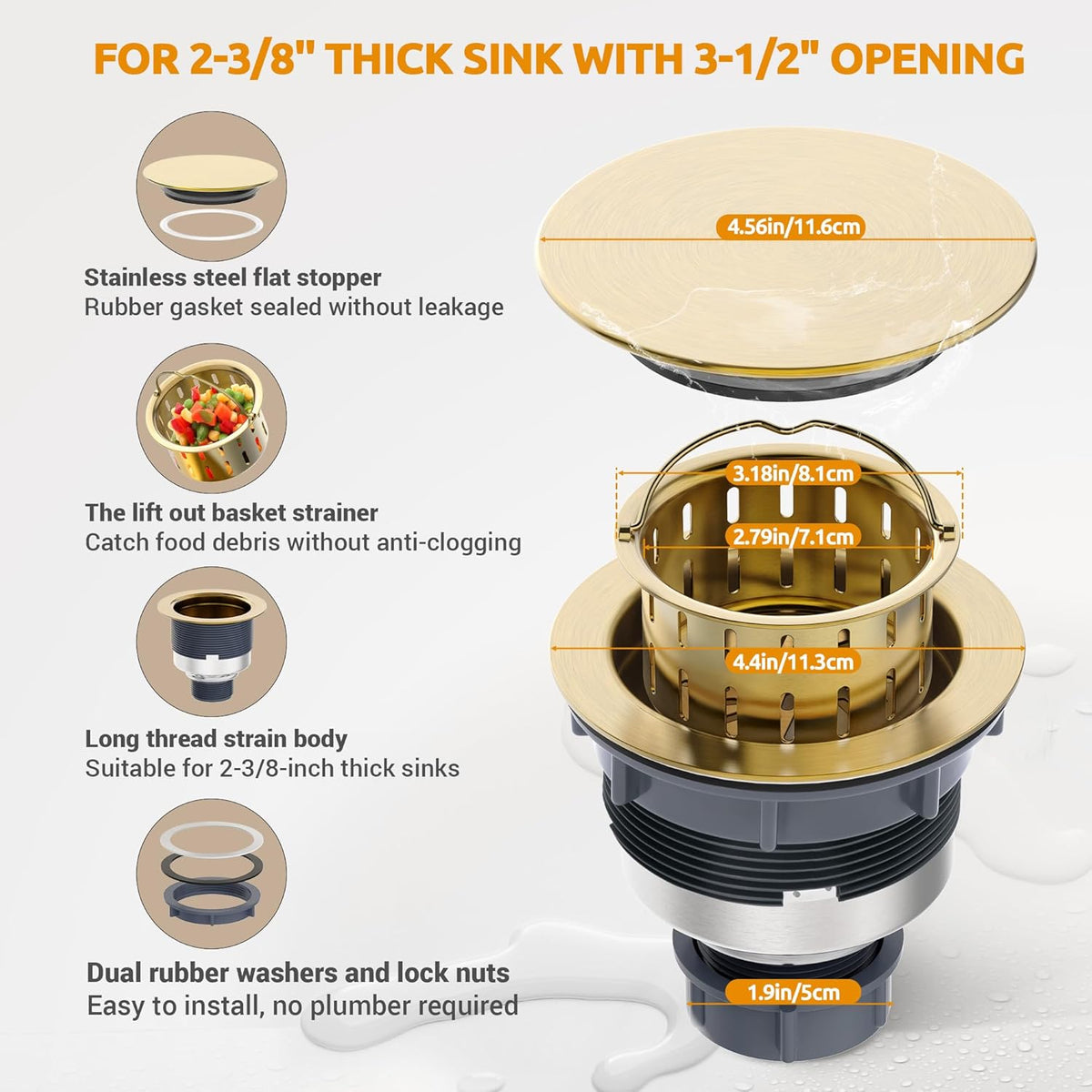 BOTEMY Stainless Steel Gold Sink Drain Strainer 3-1/2'' Kitchen Sink Drain Assembly Kit with Removable Deep Sink Strainer Basket and Sink Stopper Flat Cover Replacement for Home Standard Kitchen Sinks