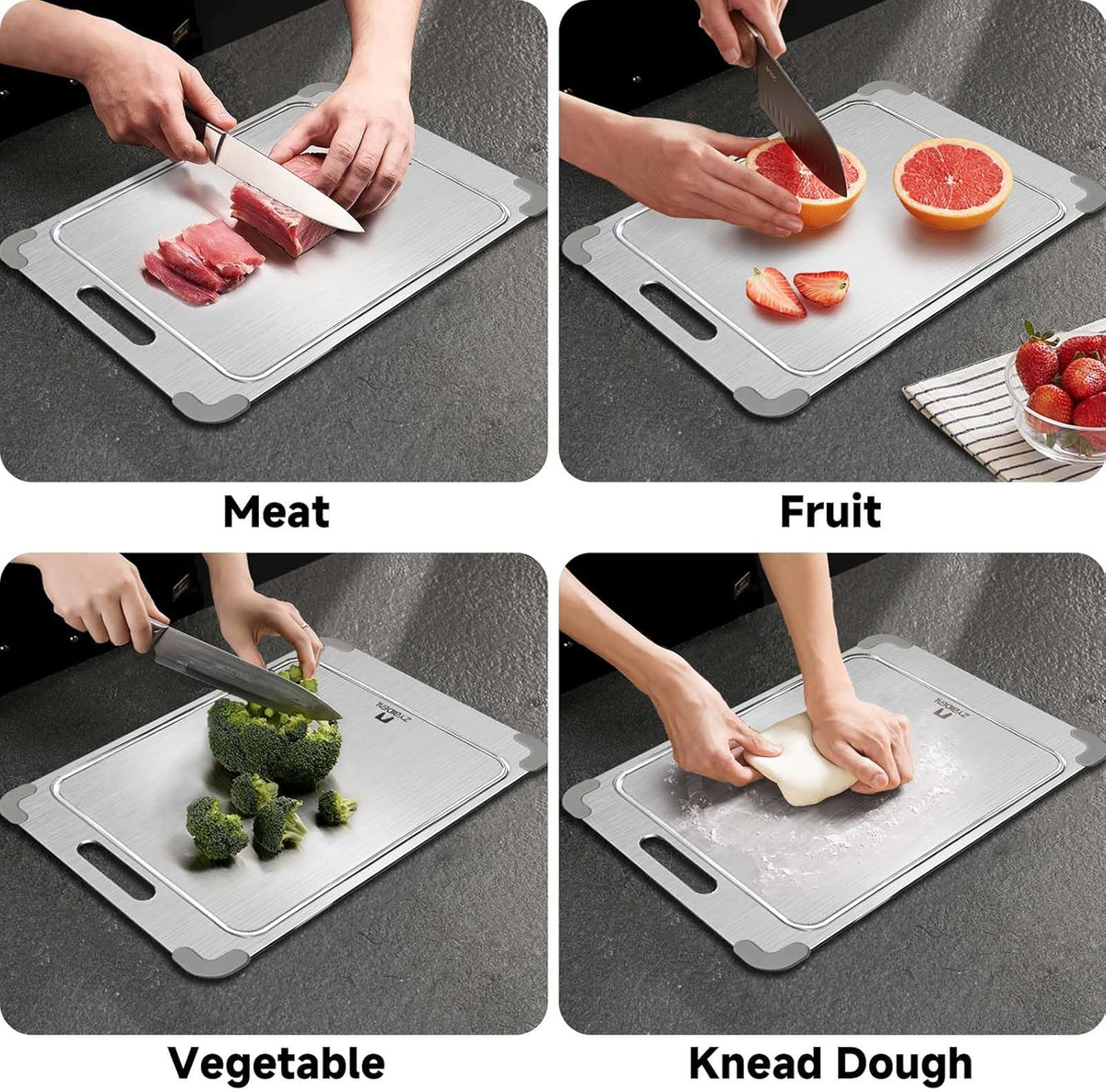 100% Pure Titanium Cutting Board with Grooves, Update Double Side Titanium Chopping Board, Silicone Anti-slip Stainless Cutting Boards for Kitchen 12 * 18 IN, Grey