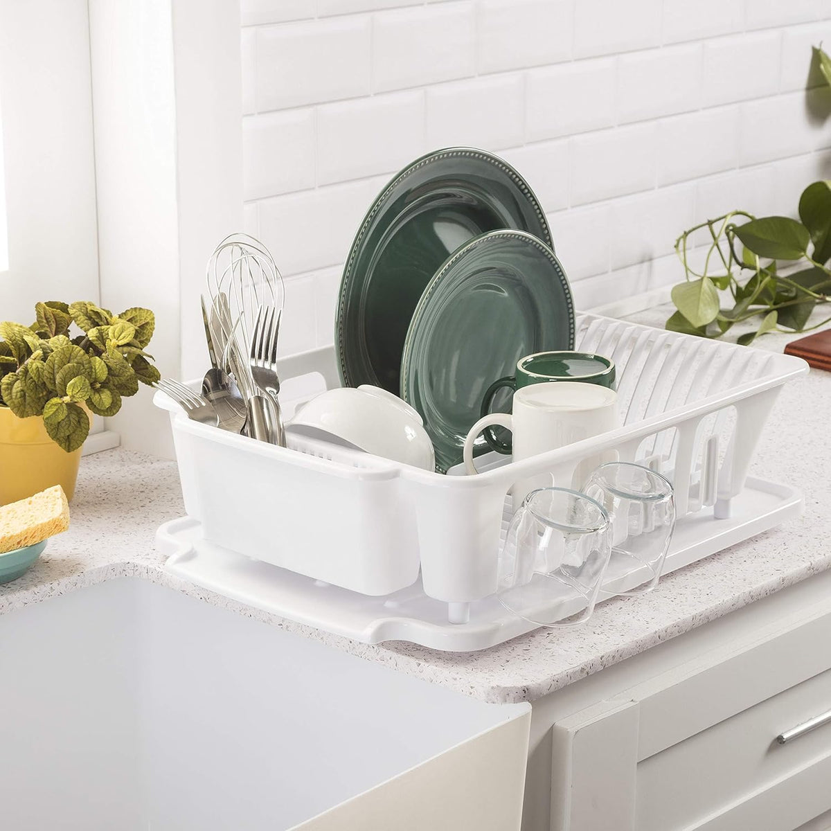 2-Piece Large Sink Set Dish Rack Drainer, White (18 L x 13 3/4" W x 5 1/2" H), 3/4" L x 3/4" W x 06278006