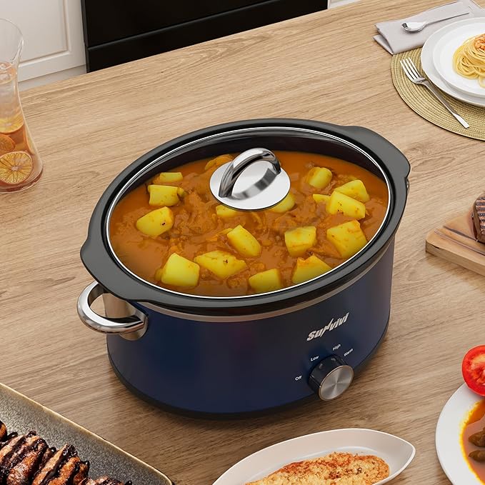 3QT Slow Cooker, Small Crock with 3 Heating Settings & Removable Ceramic Pot, Mini Food Warmer with Dishwasher Safe Glass Lid & Crock, Stainless Steel, Blue