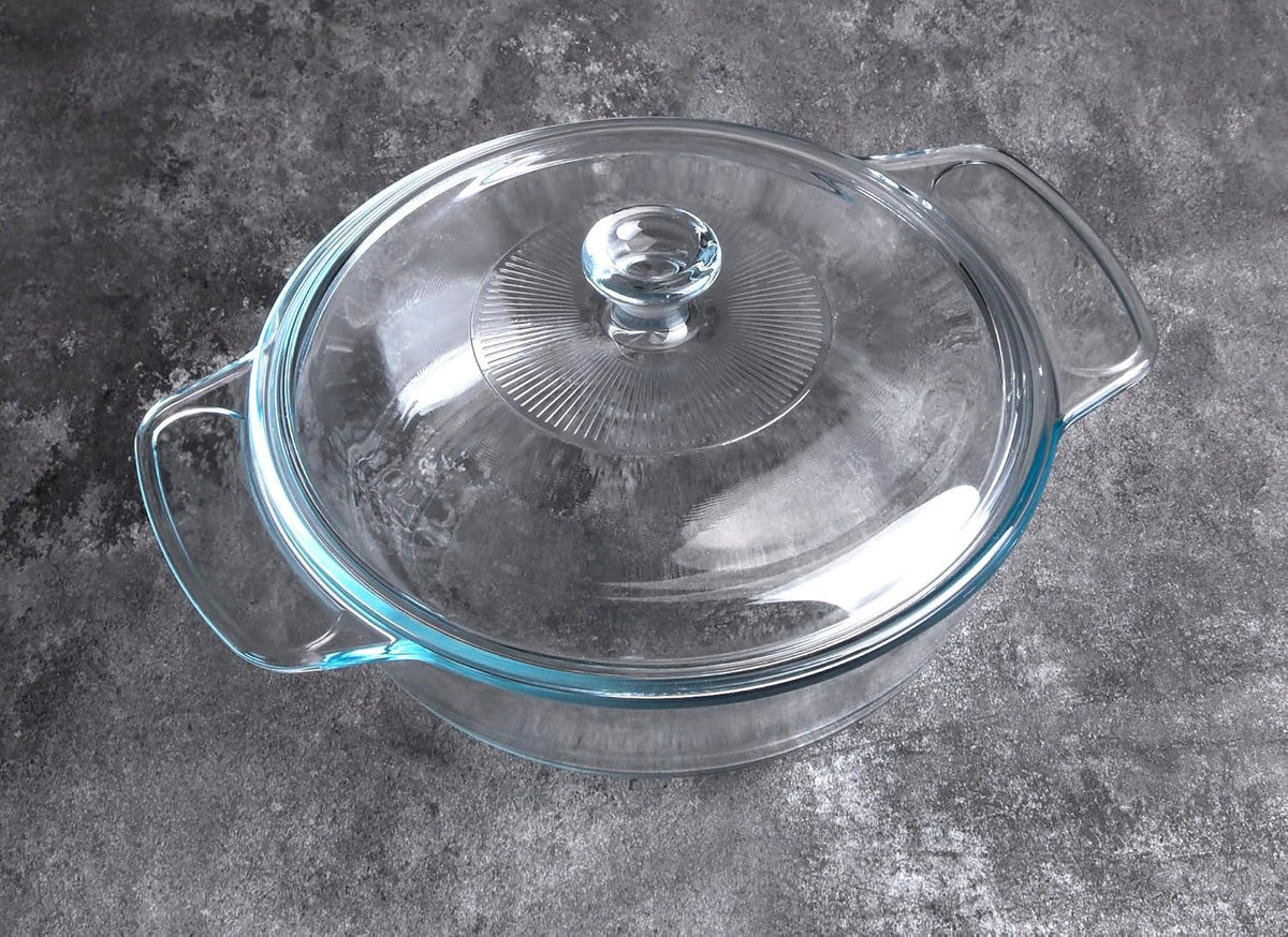 Clear Round Glass Casserole with Lid, Baking Dish with Glass Cover, Oven, Freezer and Dishwasher Safe (1.7-Quart Round)
