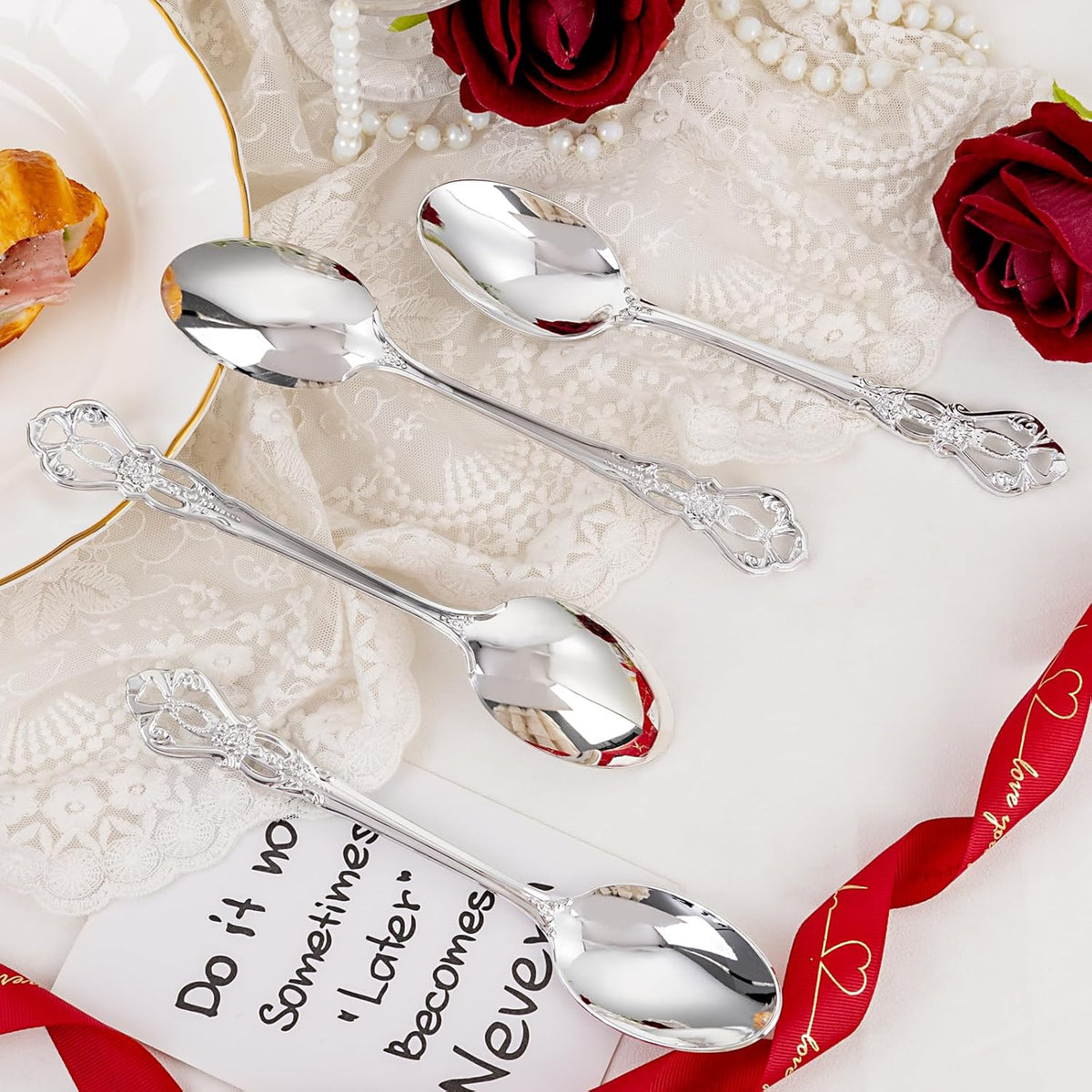 75PCS Silver Plastic Spoons - Silver Spoons Disposable - 8.1 Inch Heavy Duty Plastic Silverware - Heavyweight Elegant Disposable Utensils for Catering, Parties, Dinners, Weddings