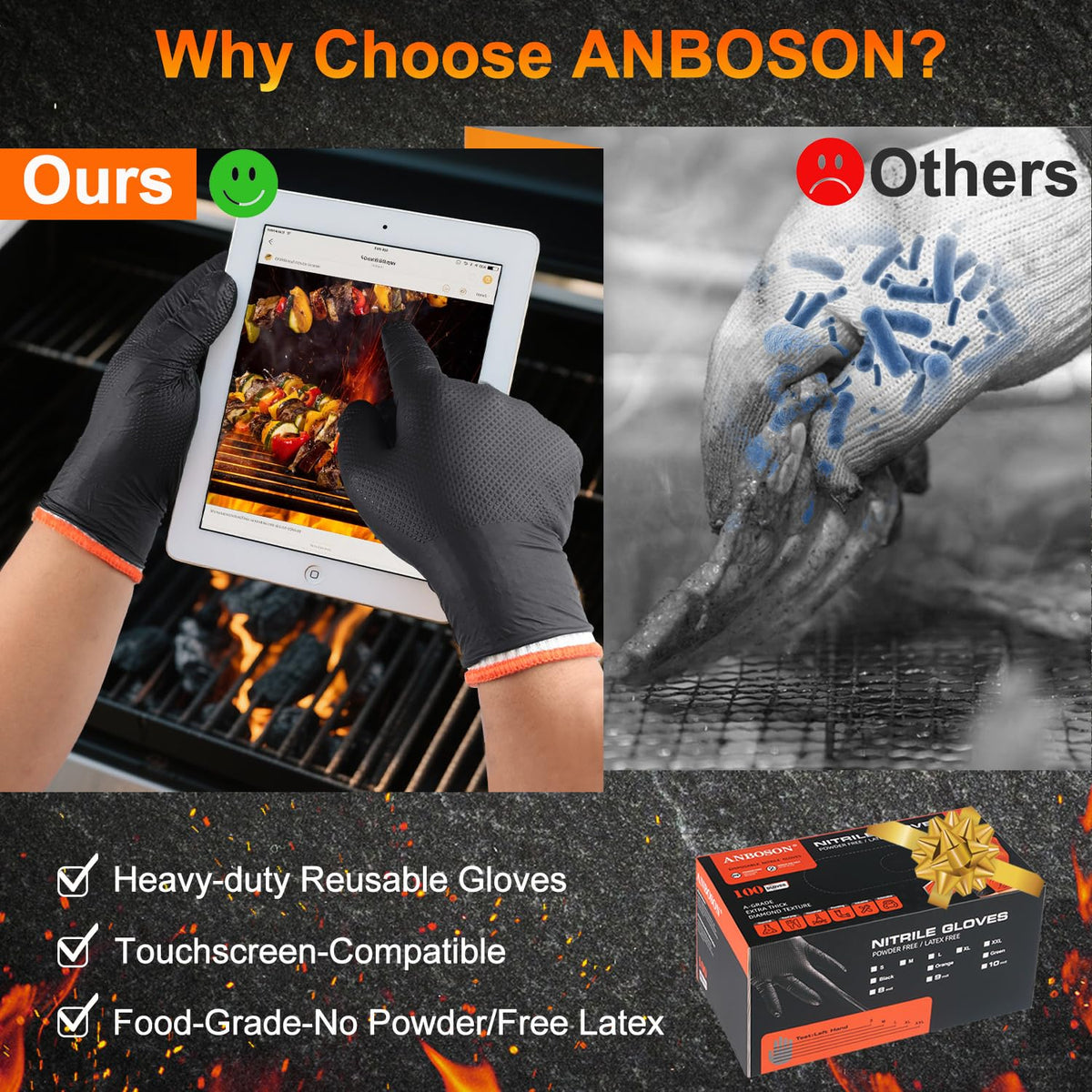 BBQ Gloves for Cooking Baking Grilling, 100 Count Disposable Nitrile Gloves and 4 Count Cotton Glove Liners Washable (10mil Nitrile, X-Large)
