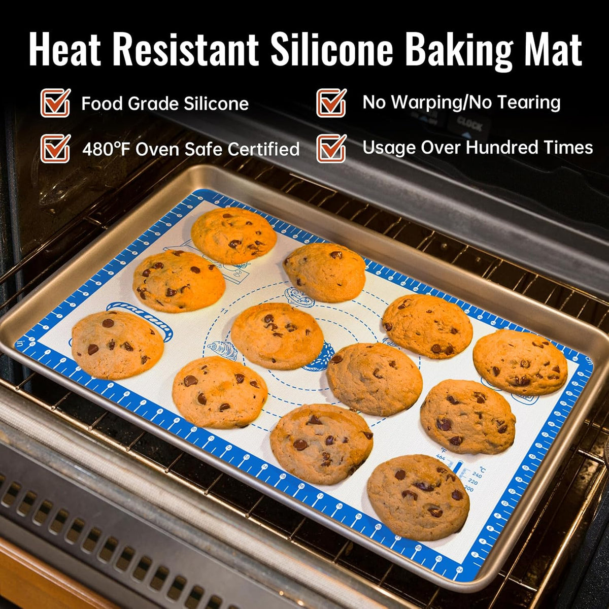 Silicone Baking Mat with 10 Useful Recipes, Silicone Mat for Baking,Cookie, Macaron, Pizza, Surdough,Silicone Sheet for Dough Rolling out, ExtraLarge and 480ยฐF Oven Safe