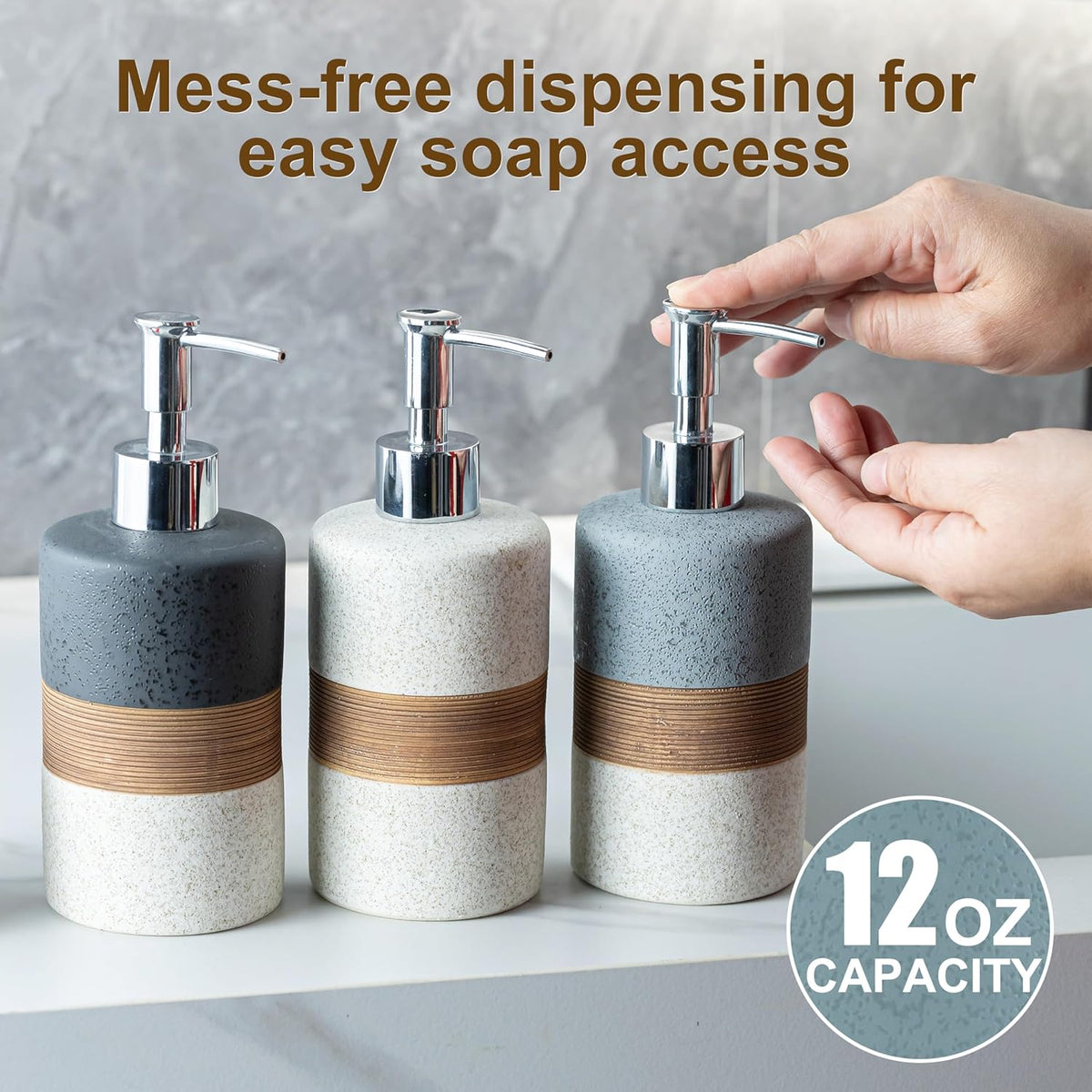 Dish Soap Dispenser Set with Silicone Funnel, Hand Soap, Shampoo, Body Wash, Ceramic Liquid Soap Dispenser for Kitchen and Bathroom Countertops, Stainless Steel Pump, Non Slip, 12 Oz, Black