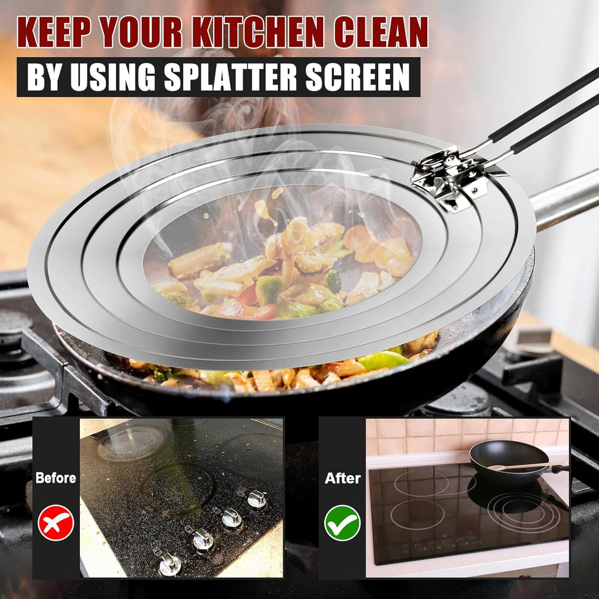 Stainless Steel Splatter Screen for Frying Pan - Grease Splatter Guard with Folding Handle - Cover Oil Splash from Bacon, Oil, or Deep Fryer - Food Strainer and Universal Cookware