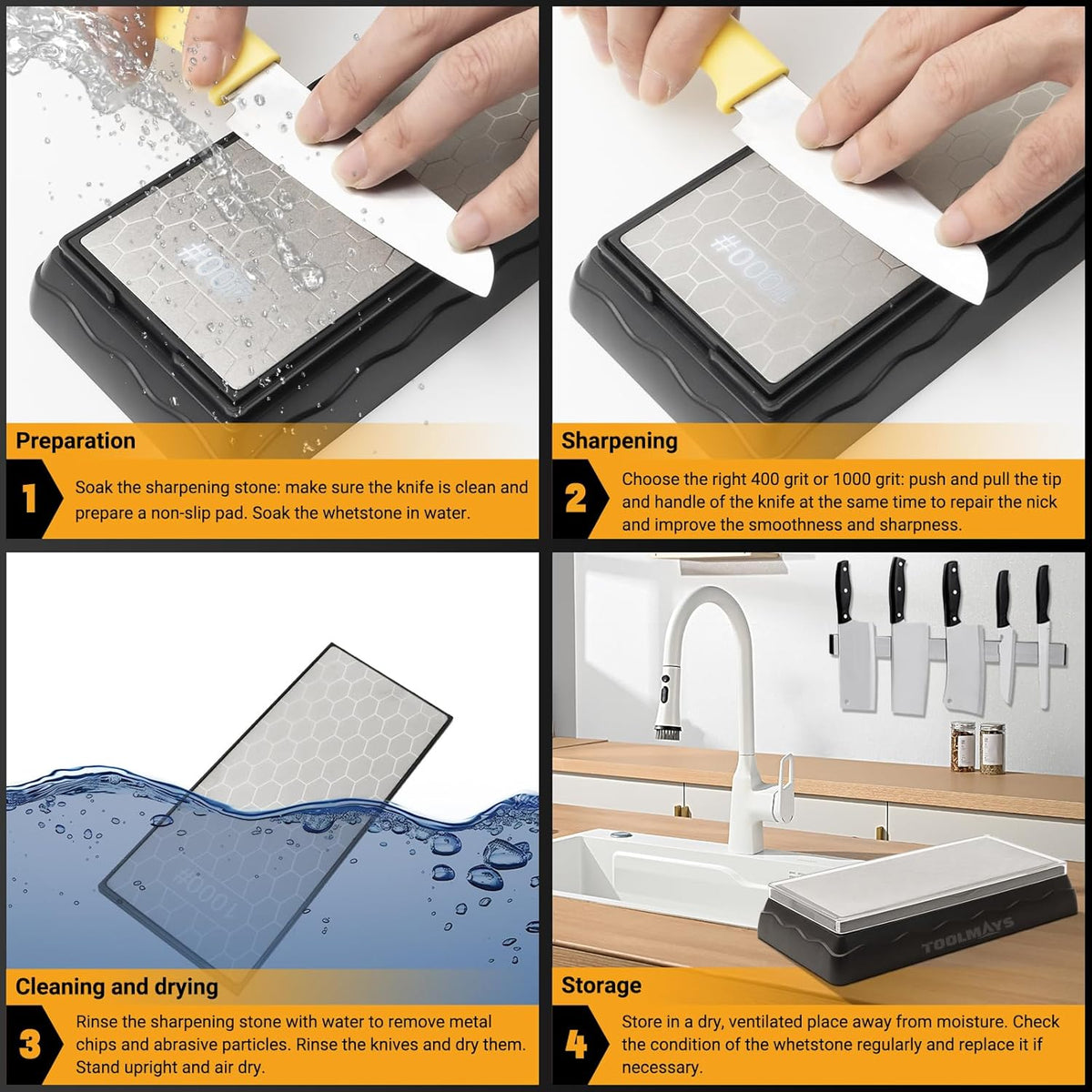 Sharpening Stone Double-Sided Grit 400/1000, Diamond Honeycomb Surface Plate, Knife Sharpener Stone with Angle Guide and Non-Slip Base for Outdoor Kitchen Sharpen Tools
