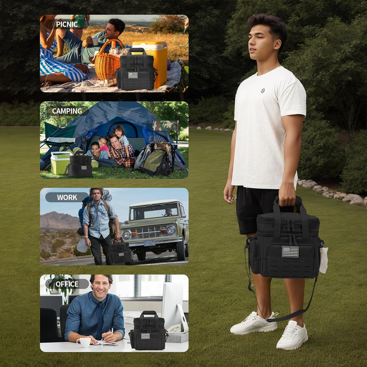 QT&QY Tactical Lunch Box for Men Expandable 18L Heavy Duty Military Insulated Cooler Bag, Leakproof Thermal Lunch Bag for Work Camping Outdoor Picnic Pail Adult Meal MOLLE Webbing Black