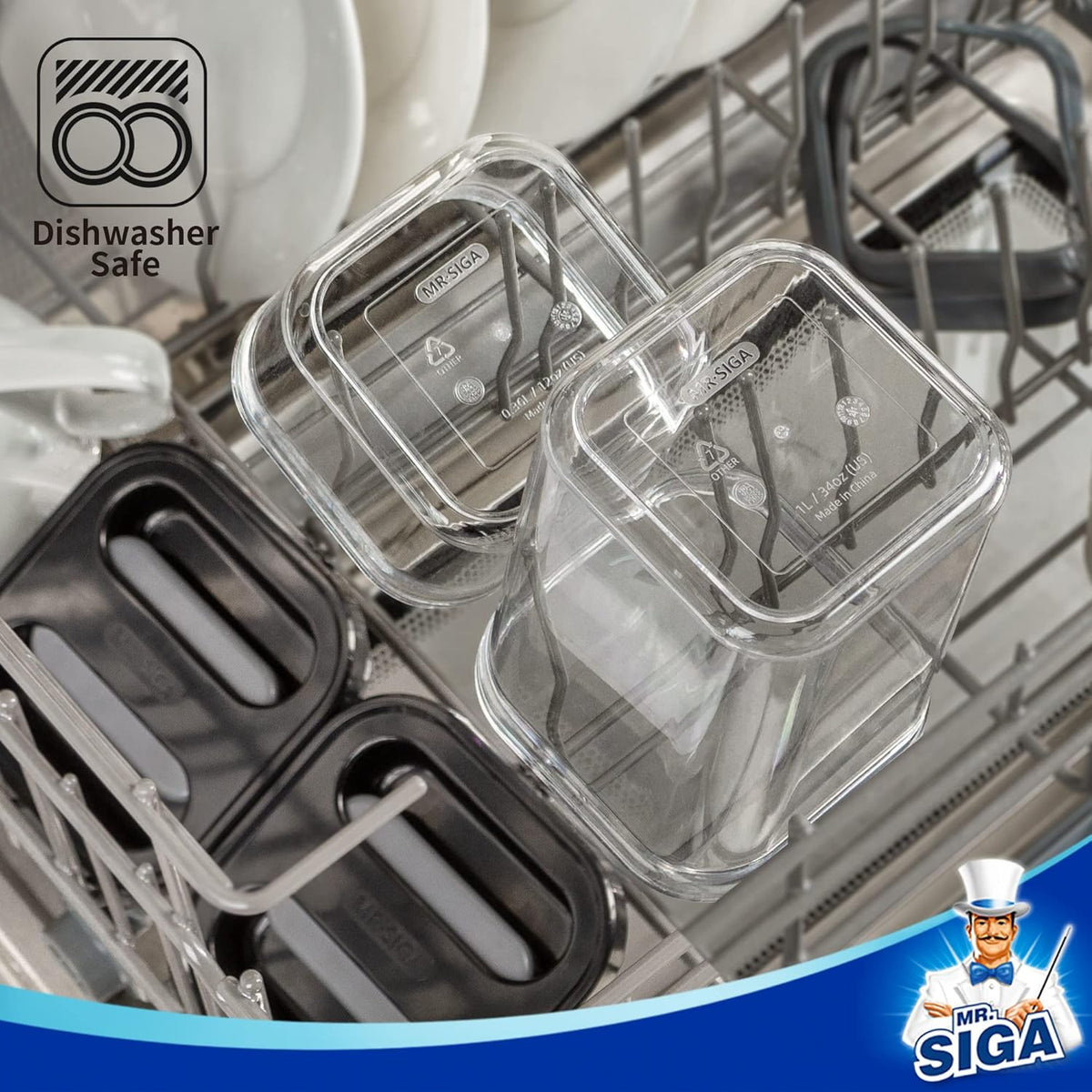 MR.SIGA 4 Pack Airtight Food Storage Container Set, BPA Free Kitchen Pantry Organization Canisters, One-handed Airtight Cereal Snack Candy Storage Containers, 1 L / 34oz, Medium, Black