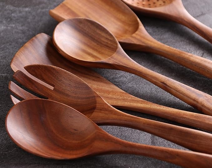 Kitchen Utensils Set, NAYAHOSE Wooden spoons for Cooking Non-stick Pan Kitchen Tool Wooden Cooking Spoons and Wooden utensil storage wooden barrel