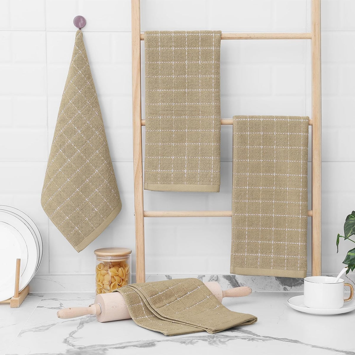 Homaxy 100% Cotton Terry Kitchen Towels(Tan, 13 x 28 inches), Checkered Designed, Soft and Super Absorbent Dish Towels, 6 Pack
