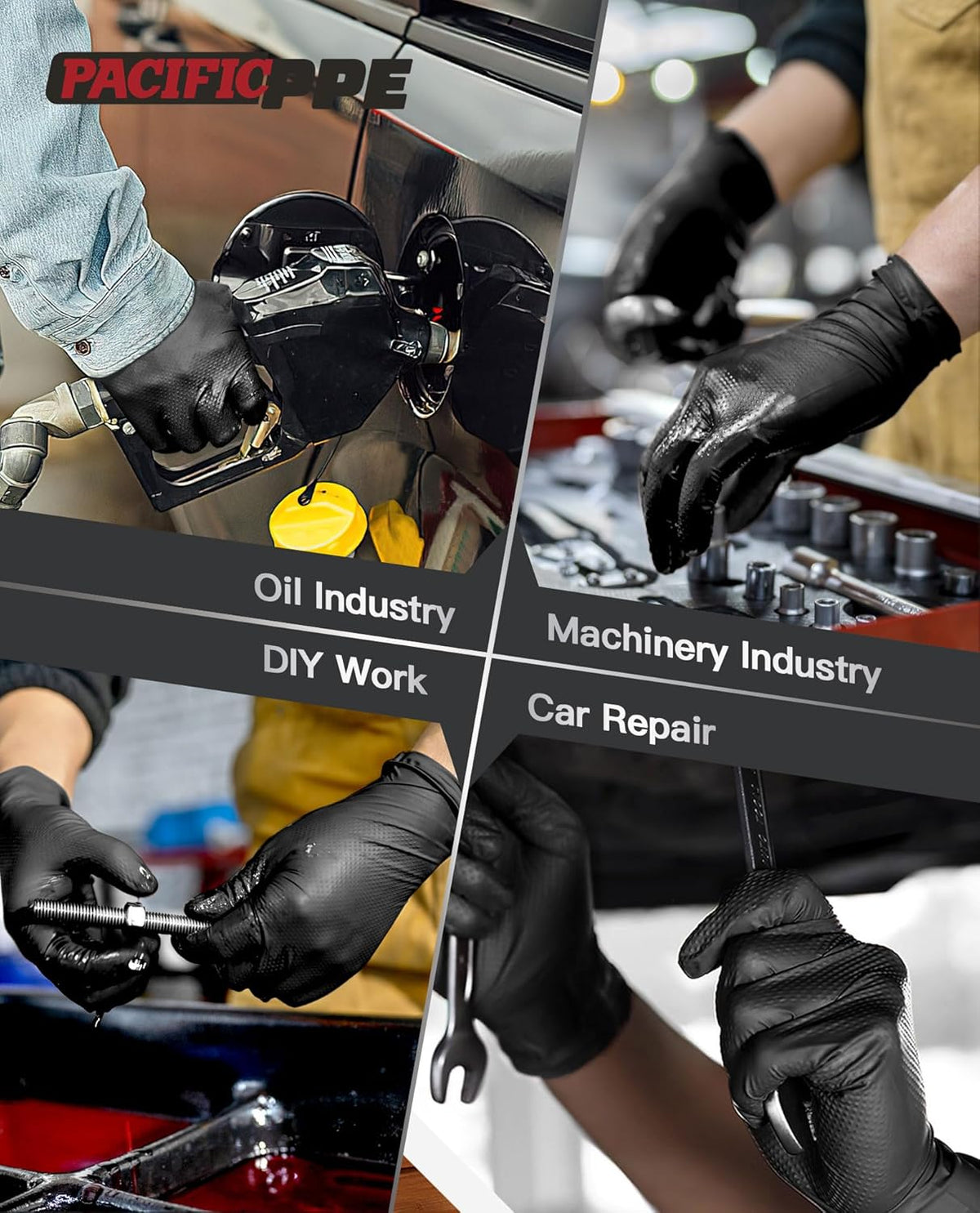 PACIFIC PPE 8 Mil Heavy Duty Black Nitrile Gloves, Food Safe, Latex Free, Mechanic, Fully-Diamond Textured Grip Industrial Disposable Gloves, Large