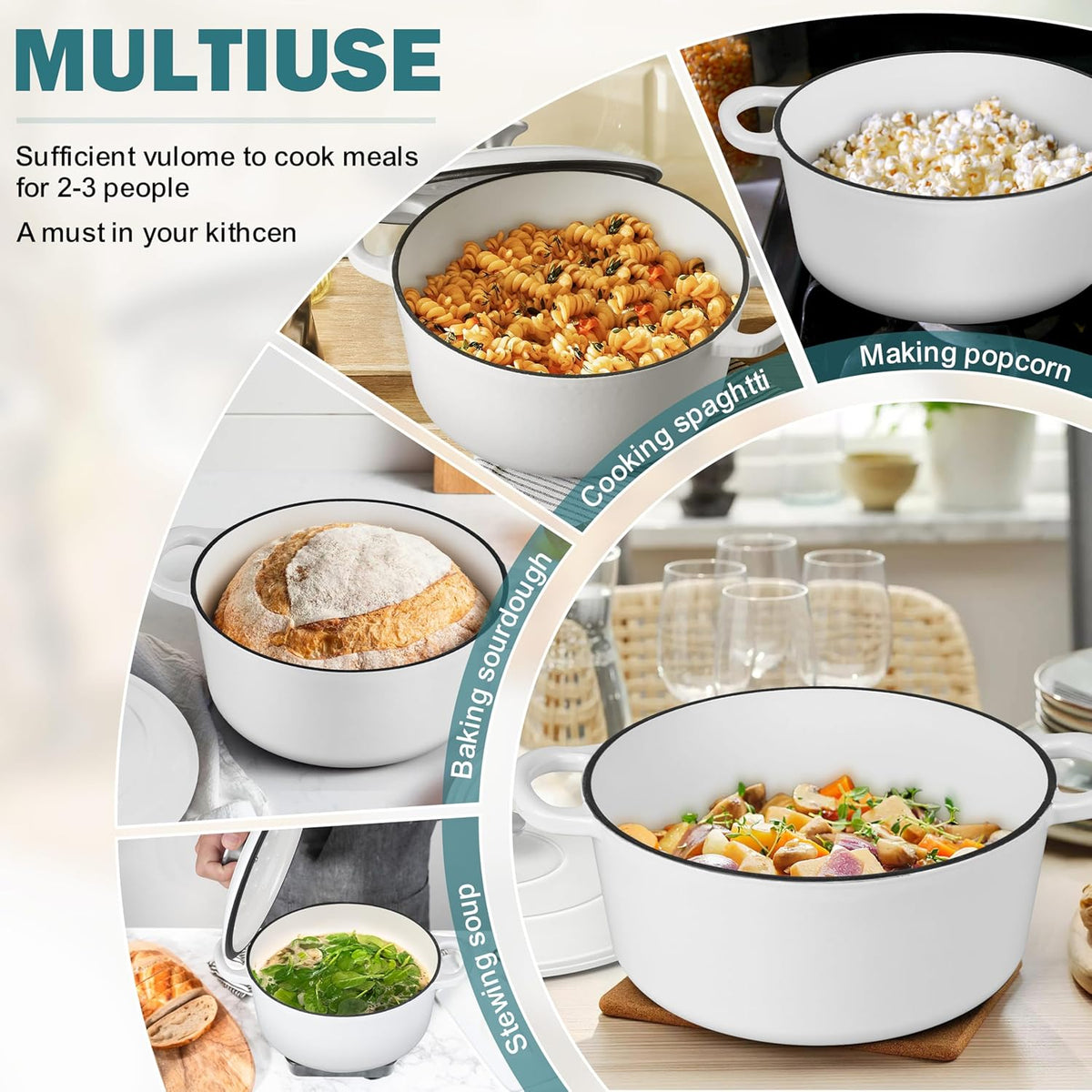 Small 3 Quart Dutch Oven, HaSteeL Round Cast Iron Cooking Pot with Lid, Nonstick Enameled Cookware for Sourdough Bread Baking Roasting Stewing Braising Frying, Heavy Duty & Oven Safe 500℉, White