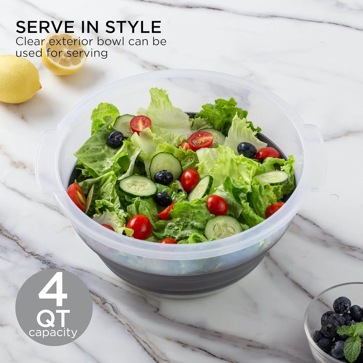 COOK WITH COLOR Collapsible Salad Spinner - 4 QT Space Saving Lettuce Dryer with Folding Collapsible Colander Great for Washing and Drying Fruit and Vegetables (Grey)