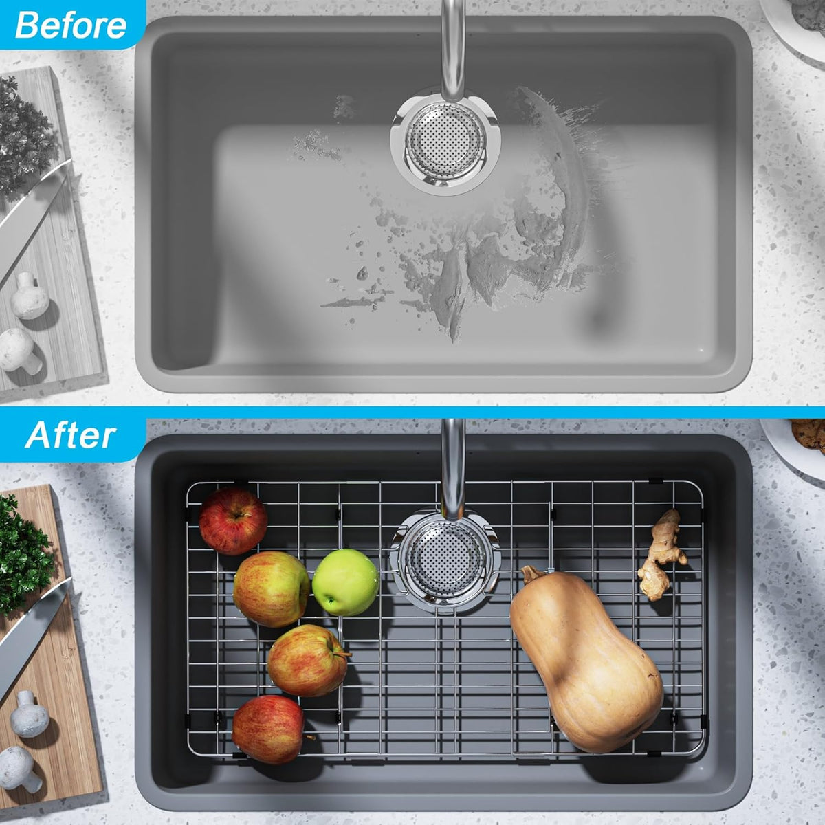iPEGTOP Sink Rack for Bottom of Sink, Stainless Steel Sink Protector 28-3/4" x 15-3/4" with Rear Drain Hole, Sink Grid Grate with Hole Cover for Kitchen Sink Single Bowl