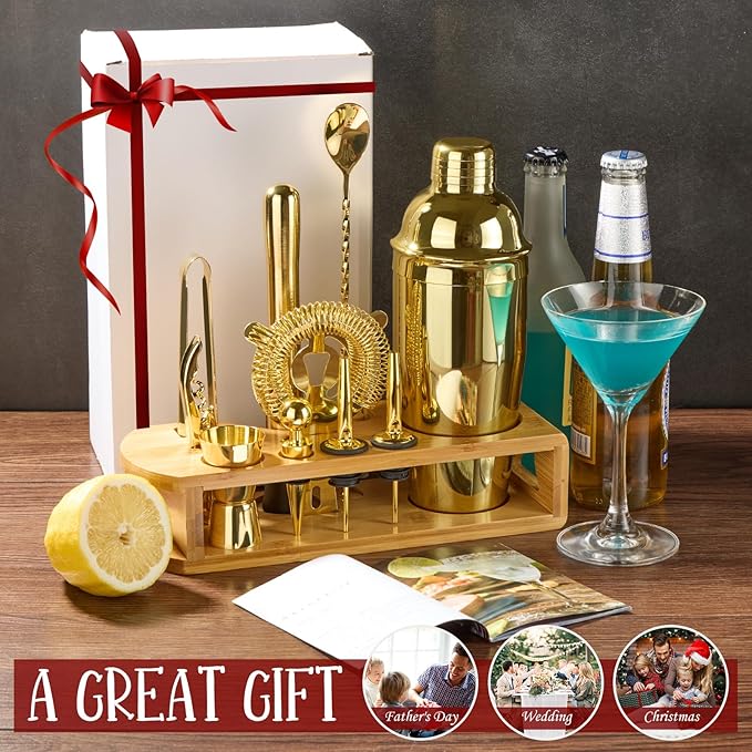Cocktail Shaker Set Bartender Kit : 12-Piece Bar Tool Set with Bamboo Stand | Bars Set with All Practical Bar Accessories, for Drink Mixing, Bar, Home, Lounge & Party (Gold)