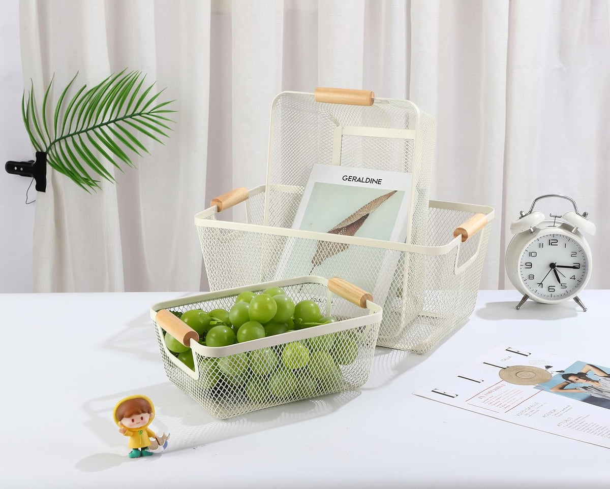 2Pack Metal Mesh Steel Basket, Small Wire Storage Organizer Basket Multi-function Hanging Kitchen Basket Fruit Basket with Wood Handle for Kitchen Picnic Cabinet Home Decor, Rectangle-Off White