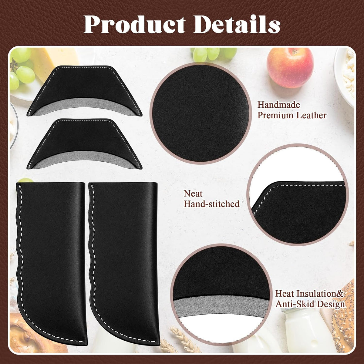 Baderke 4 Pcs Leather Cast Iron Handle Cover Handmade Leather Heat Resistant Skillet Handle Set Pot Holder for Hot Frying Pans, Pots(Black)