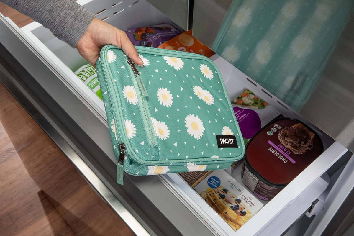 PackIt Freezable Classic Lunch Box, Daisy Sage, Built with ECOFREEZE Technology, Collapsible, Reusable, Zip Closure With Zip Front Pocket and Buckle Handle, Designed for Fresh Lunch On the Go