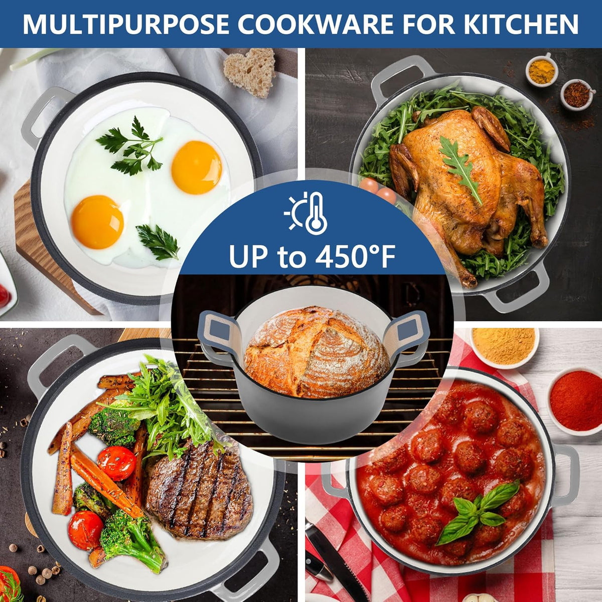 E-far 5 Quart Enameled Cast Iron Dutch Oven, 2 in 1 Dutch Oven Pot with Skillet Lid and Silicone Bread Sling, Ideal for Bread Baking, Cooking, Stewing, Frying, Induction & Oven Safe - Grey