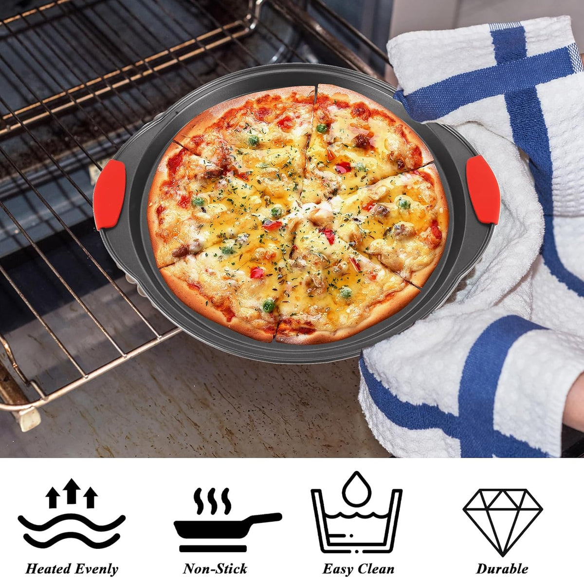4 Pack Pizza Pan for Oven Round Pizza Pan with Holes & Handle Large Pizza Tray Set Metal Non Stick Pizza Plates Perforated Pizza Baking Sheet Carbon Steel Personal Platter for Grilling Cooking