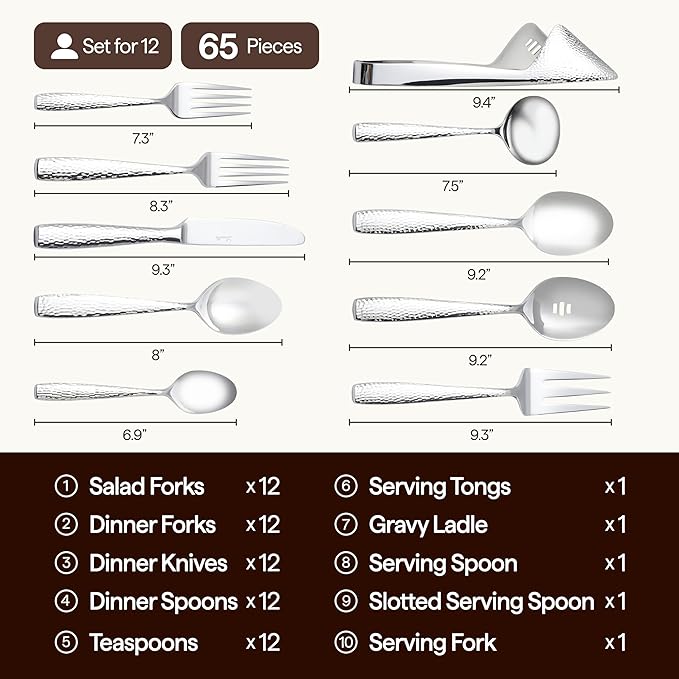 Luciella Ponza Flatware Set for 12, 65-Piece Stainless Steel Silverware Set with Serving Utensils, Timeless Hammered Design, Rust-Resistant, Mirror Polished & Dishwasher Safe