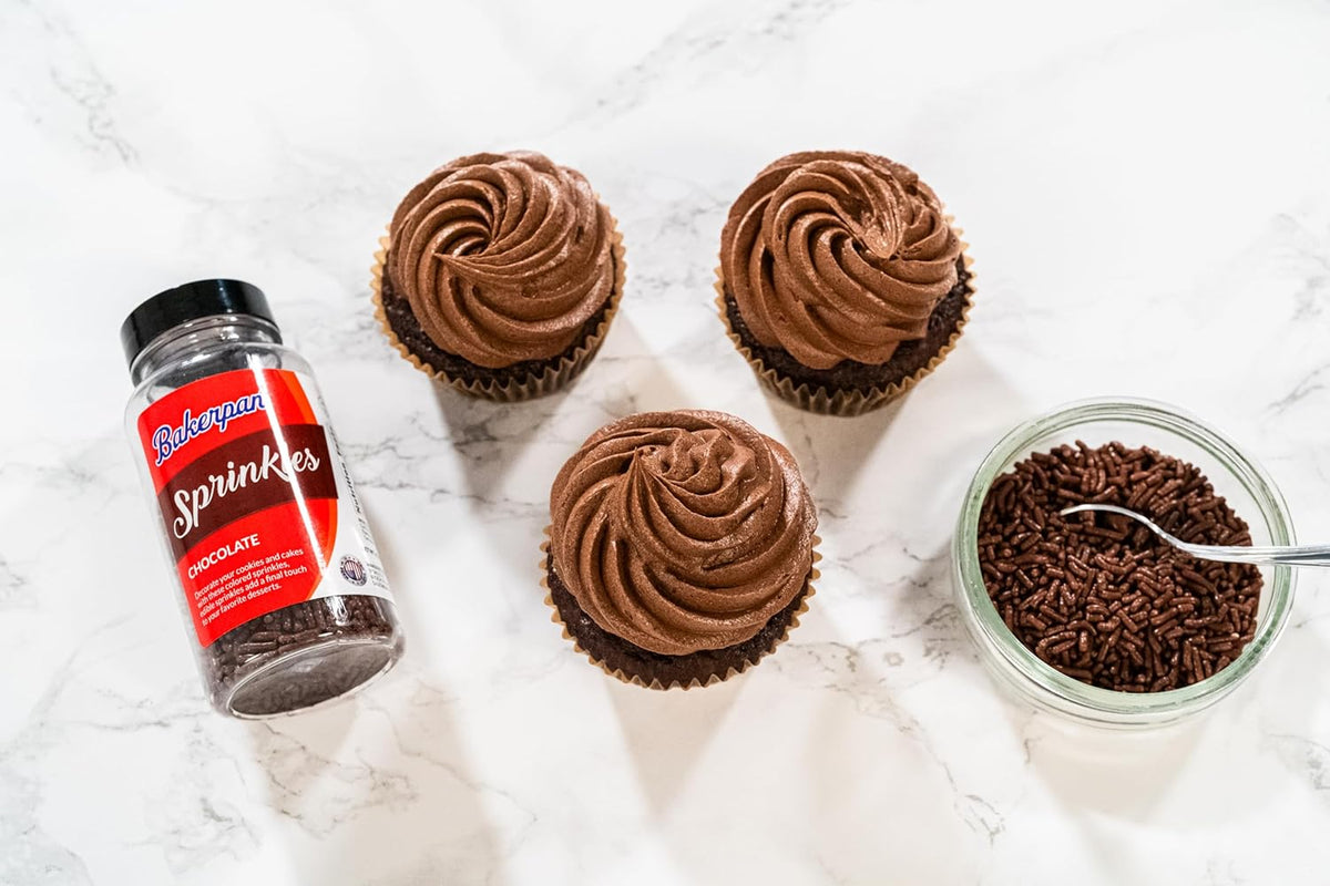 Bakerpan Chocolate Sprinkles for Cake Decorating - 2 Bottles of 4.3 Ounces Chocolate Jimmies Sprinkles for Ice Cream, Baking, Cupcakes, Cookies (Made in USA)