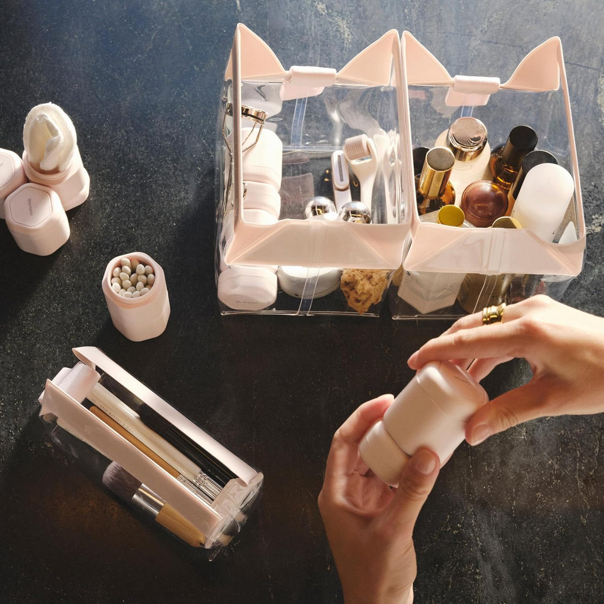 Cadence Travel Containers - Core Skincare Set - Magnetic Containers with Lids,2 Small (0.56oz) & 3 Medium (1.32oz) - Cleanser, Moisturizer, Serum, Makeup Remover & Sun Icon Labels - Eucalyptus