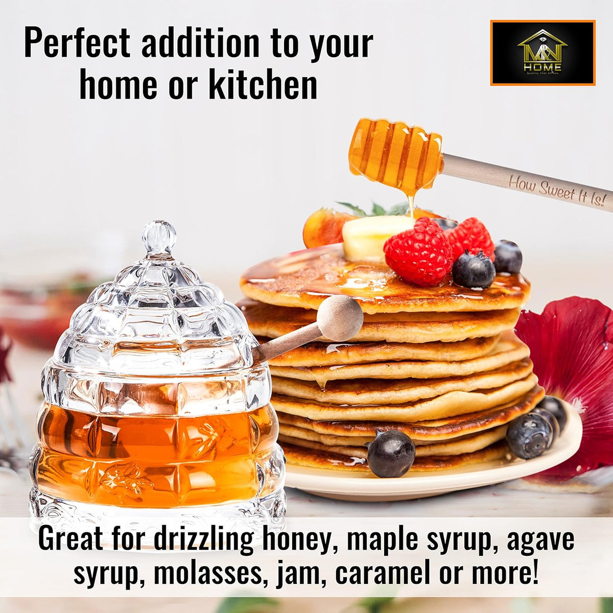 M&N HOME Honey Dish with 3 Dippers, Honey Jar, Large Glass Honey Pot storage with Lid and Inscribed Wooden Honey Dippers, Glass Honey Dispenser Thank You Gift,