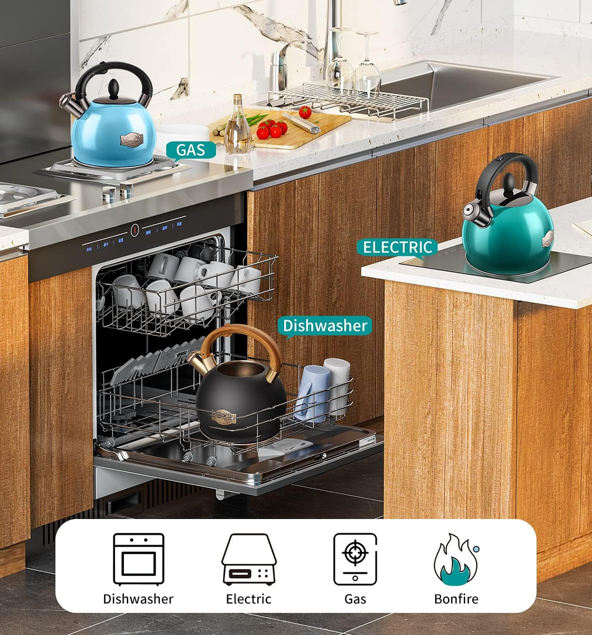Tea Kettle & Tea Pot, 2.64 Quart Food Grade Stainless Steel Induction Whistling Tea Kettle for Stove Top Home Daily Use Teapot with Cool Touch Ergonomic Handle Polished Black