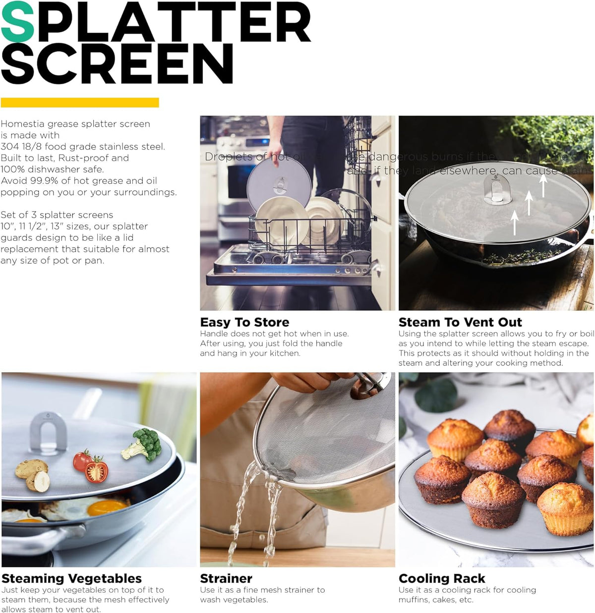 Homestia Splatter Screen for Kitchen, 304 Stainless Steel Fine Mesh Splatter Screen for Frying Pan, 10” Grease Splatter Guard with Fold Flat Knob