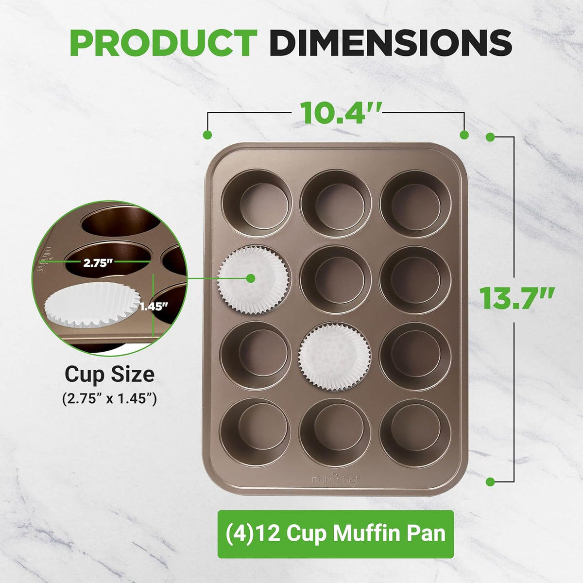 NutriChef Muffin Pans for Baking 4-Pack | Nonstick 12 Mold Cupcake Tins | Carbon Steel Stackable Cup Cake Trays | Dishwasher & Oven Safe | Includes 200 Parchment Paper Liners | 13 x 10 x 1 | Gold