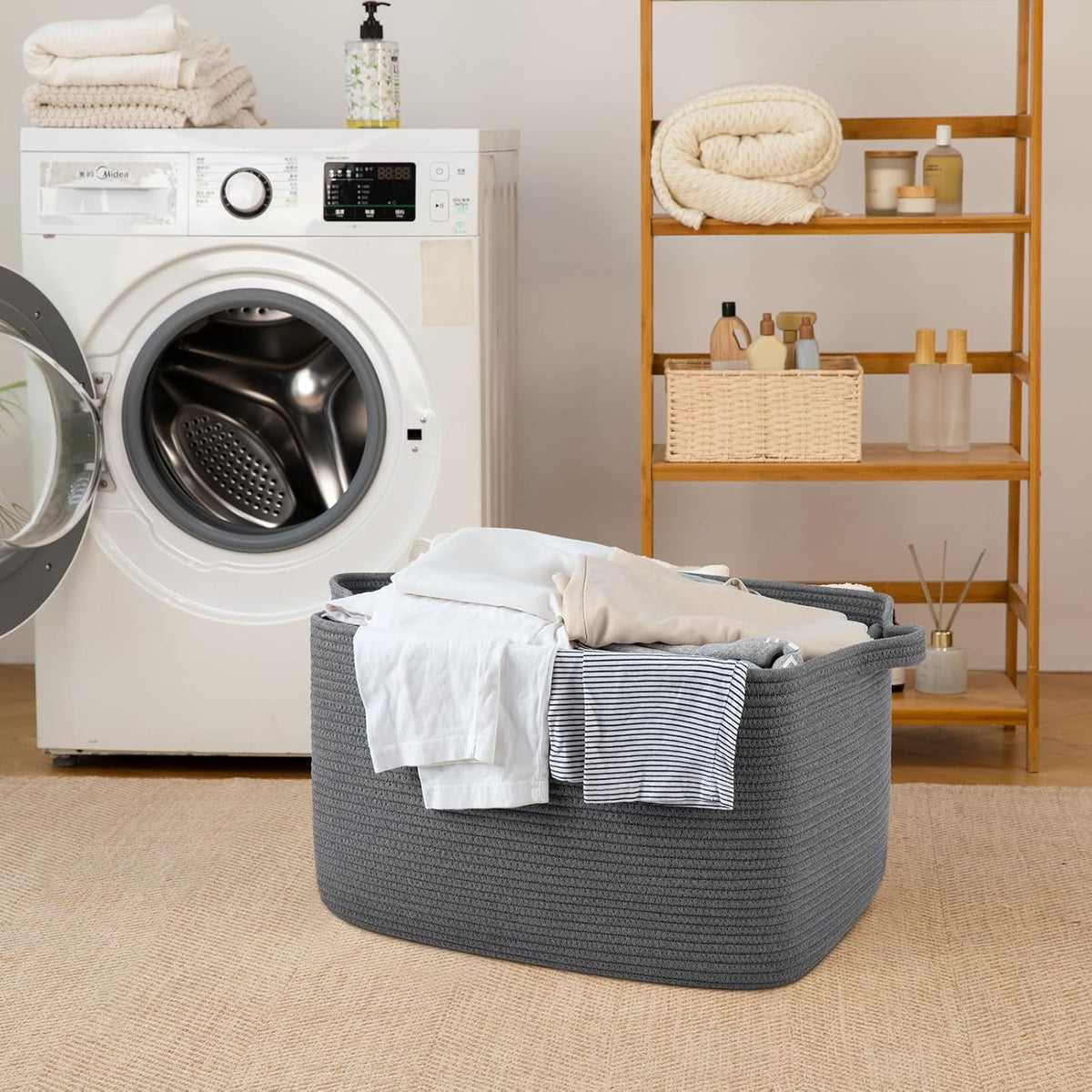 65L Large Storage Basket, Cotton Rope Woven Blanket Basket, Toy Storage for Baby Room, Living Room, Dark Grey