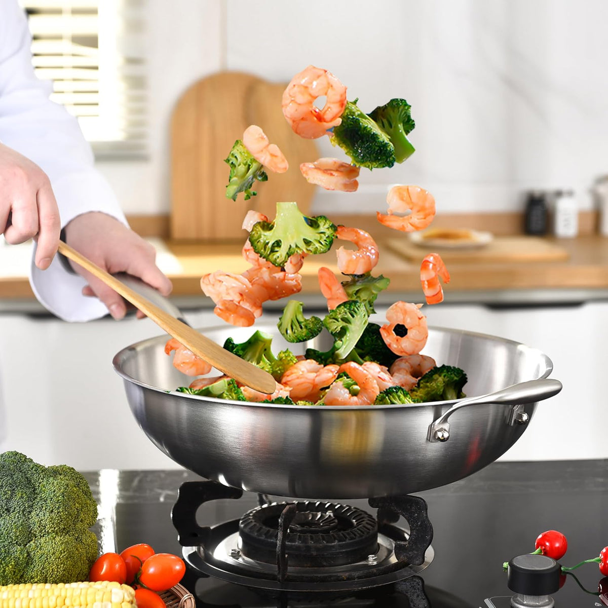 LOLYKITCH Tri-Ply 14.5 Inch Stainless Steel Wok Pan with Steel Lid, Stir-Fry Pan,Induction Cooking Pan,Dishwasher and Oven Safe