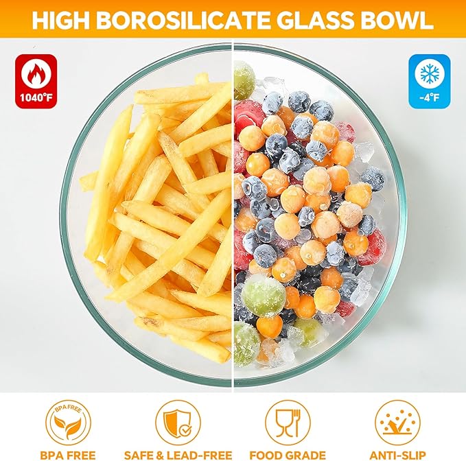 Glass Mixing Bowls with Lids Set of 5(4.78QT,2.2QT,1.7QT,1.1QT,0.85QT),Thick Glass Nesting Bowls for Kitchen Baking,Cooking Prep,Storage,Serving,Large Salad Bowls,Dishwasher Microwave Freezer Safe