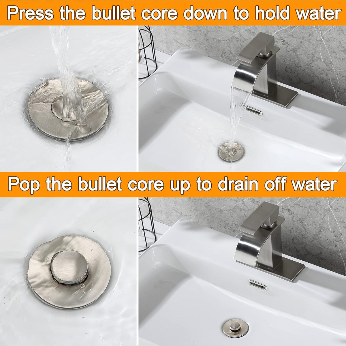 Bathroom Sink Drain Stopper for 1.1 to 1.5 inch Standard Drain Holes, Pop-up Sink Stoppers, Bullet Core Push Type Basin Drain Filter, Anti Clogging Stainless Steel Sink Strainer With Basket, Brushed