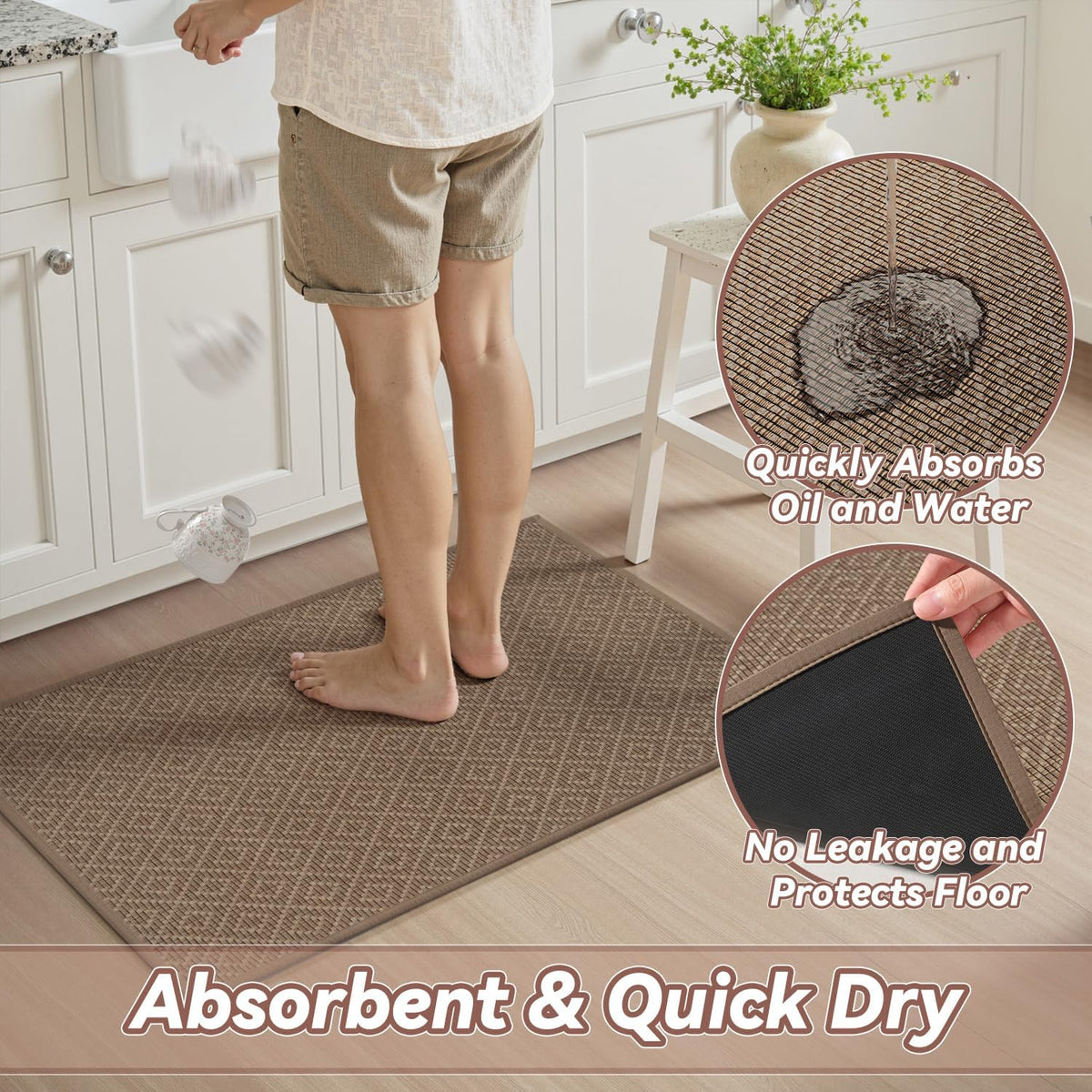 PADOOR Kitchen Floor Mat, Rubber Backed Kitchen Rugs Non Slip Washable, Super Absorbent Kitchen Mats for Floor Front of Sink, 17"x24" Brown