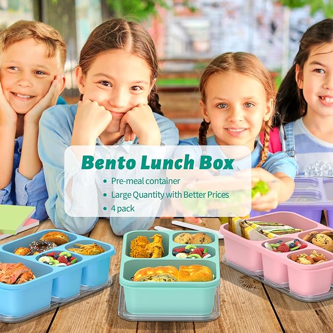 Bento Lunch Box - 4 Pack, 4-Compartment Meal Prep Containers, Adult Bento Box, Microwave & Dishwasher Safe (PP(Blue))