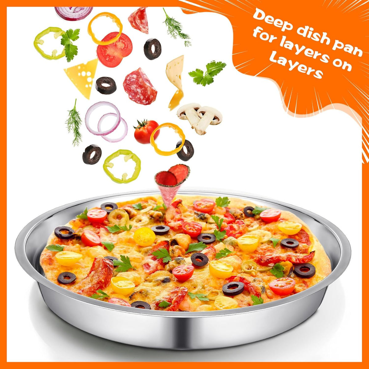 Nuogo 2 Pcs 16 Inch Large Deep Pizza Pans Stainless Steel Pizza Tray Round Oven Tray Rust Proof Reusable Bakeware Cooking Pan Dishwasher Safe for Baking, Serving, and Displaying Cookie Pie