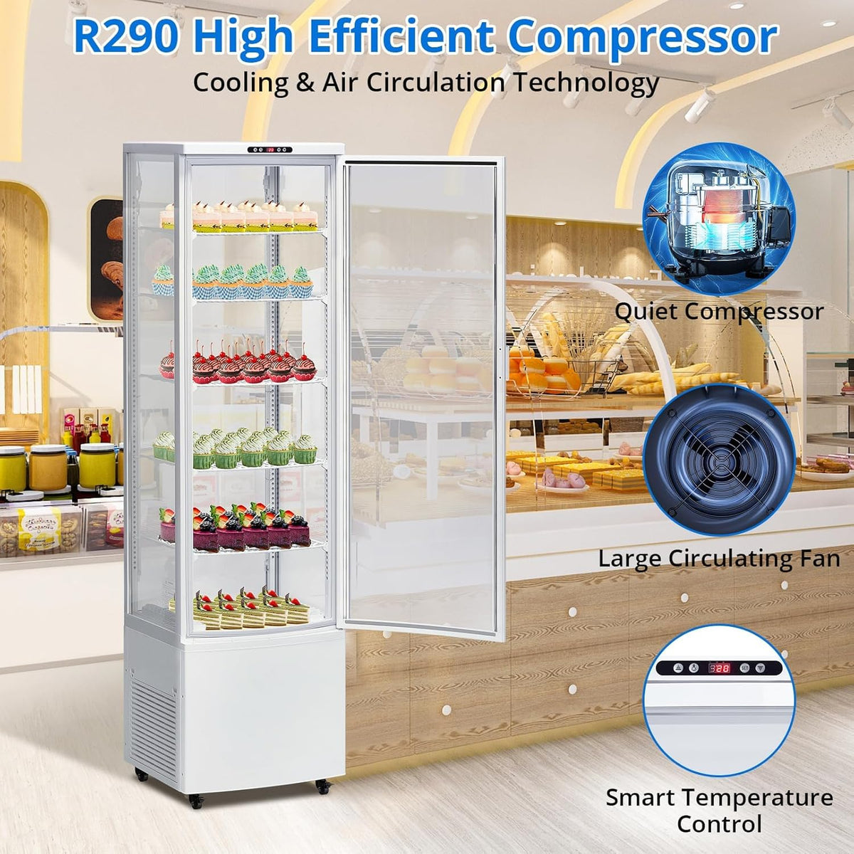 10.5 Cu.Ft Refrigerated Display Case, Floor-Standing Display Refrigerator with LED Light and Adjustable Shelves, Commercial Display Fridge with Casters for Cakes, Coffee, Bakery, Supermarkets, Store