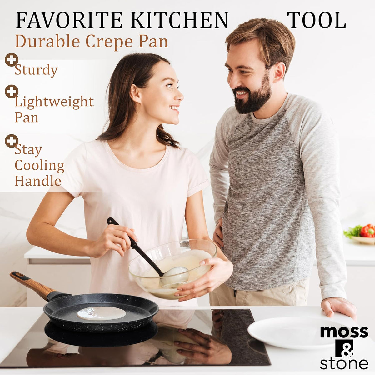 Moss & Stone 9.5 Inch Nonstick Crepe Pan with Spreader, Dosa Pan for Roti Dosa Tawa Comal Para Tortillas, Ceramic Flat Skillet Pan Induction Compatible, Pancake Pan for Stove Top - Black
