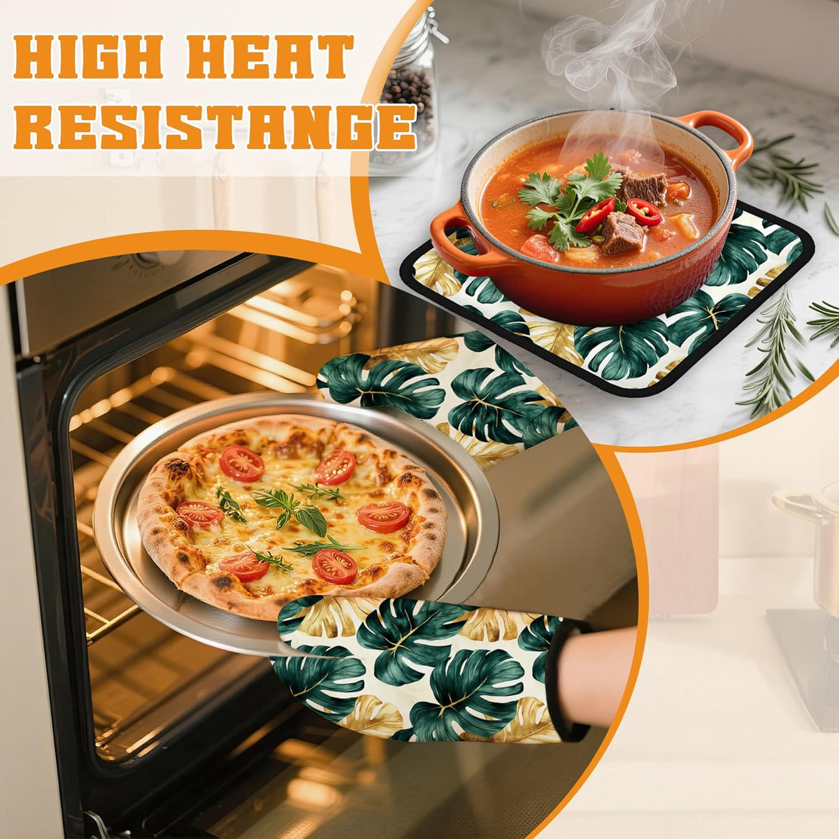 Palm Leaf Golden Tropical Oven Mitts and Pot Holders Set,Kitchen Decor Heat Resistant Non Slip Hot Pads and Oven Mitt for Chef Cooking Baking BBQ Mom Girl Gifts(4 Piece Set)