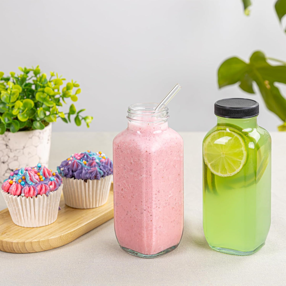 Juice Bottles with Lids, 16 Oz - Set of 8 - Clear Glass Jars with Caps - Reusable Empty Drink Containers for Juicing, Smoothies, Water, Milk, Kombucha Storage, Wellness Shots and More (8)