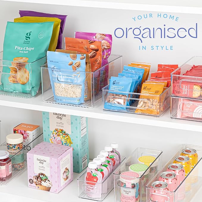 2 Pack Clear Plastic Organizer Bins with Handles for Home Organization. Storage Containers for Organizing Fridge, Freezer, Cabinet. Pantry, Great for Kitchen, Garage, Laundry Room. 10"x8"x5"